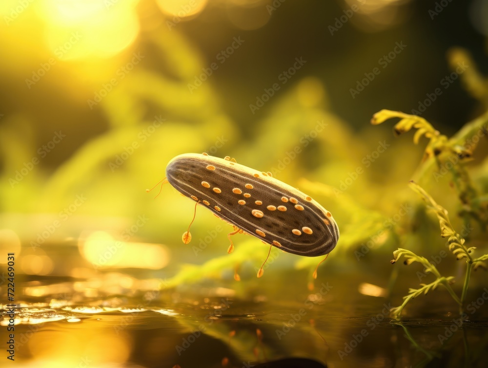 Poster a pickle floating in water with a sun shining in the background. generative ai.