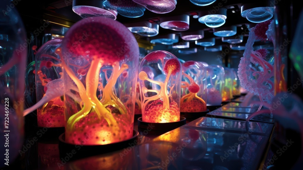 Poster a row of jellyfish lights up in a dark room. generative ai.