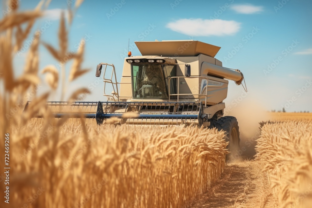 Poster a combine harvester working in a wheat field on a sunny day. perfect for agricultural and farming co