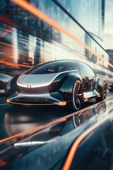 A futuristic car is seen driving on a busy city street. This image can be used to depict modern transportation, advanced technology, or urban lifestyle
