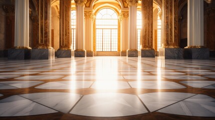 Fototapeta na wymiar A large room with marble floors and columns. Generative AI.