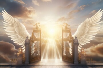 A picture of an open gate with white angel wings against a backdrop of a cloudy sky. This image can...