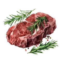 tasty meat steak grilled with rosmary herb watercolor paint