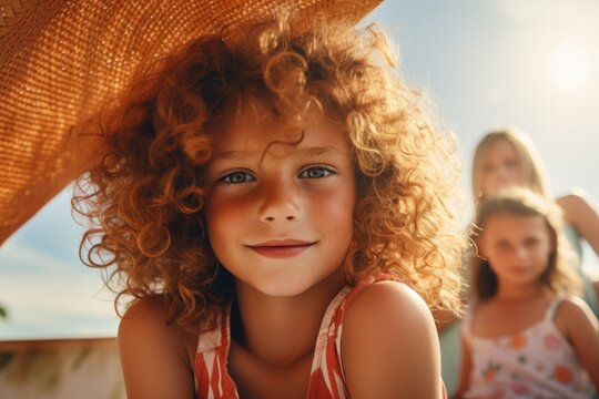 A picture of a little girl wearing a big hat. Perfect for fashion blogs and summer-themed designs