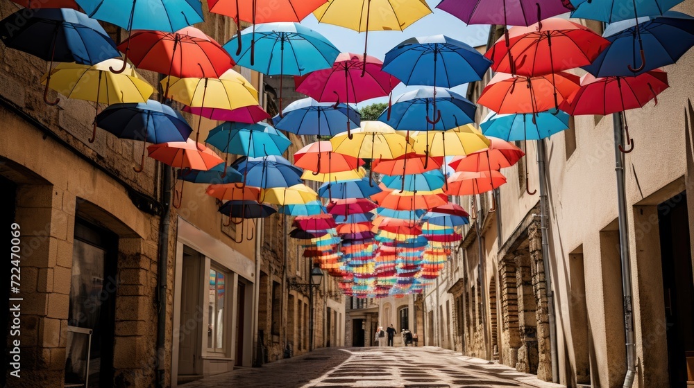 Poster colorful umbrellas hanging from the ceiling in an alley. this vibrant and eye-catching image can be 