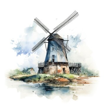 Watercolor-Style a old windmill with White Background
