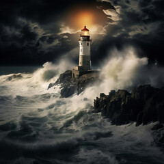 Fototapeta na wymiar Lighthouse on a stormy sea. 3D render illustration.