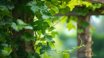  a vine is growing on the side of a wooden structure with green leaves growing on the side of the structure.