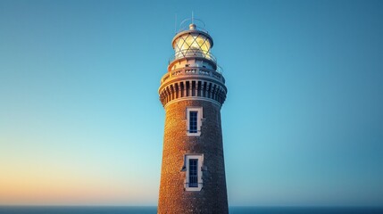  a very tall light house sitting on top of a hill next to the ocean with a bright light on top of it.