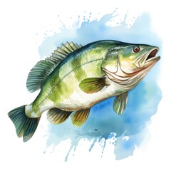 Watercolor-Style bass fish with White Background
