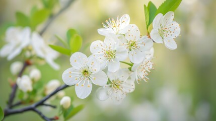 Obraz premium a close up of a flower on a tree branch with green leaves in the foreground and a blurry background.