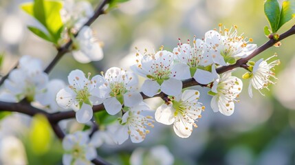  a branch of a tree with white flowers and green leaves in the foreground and a blurry background in the background.