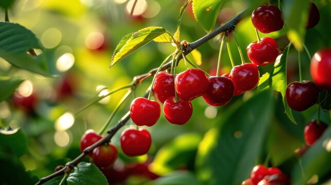  a close up of a bunch of cherries on a tree with green leaves and sunlight shining through the leaves.