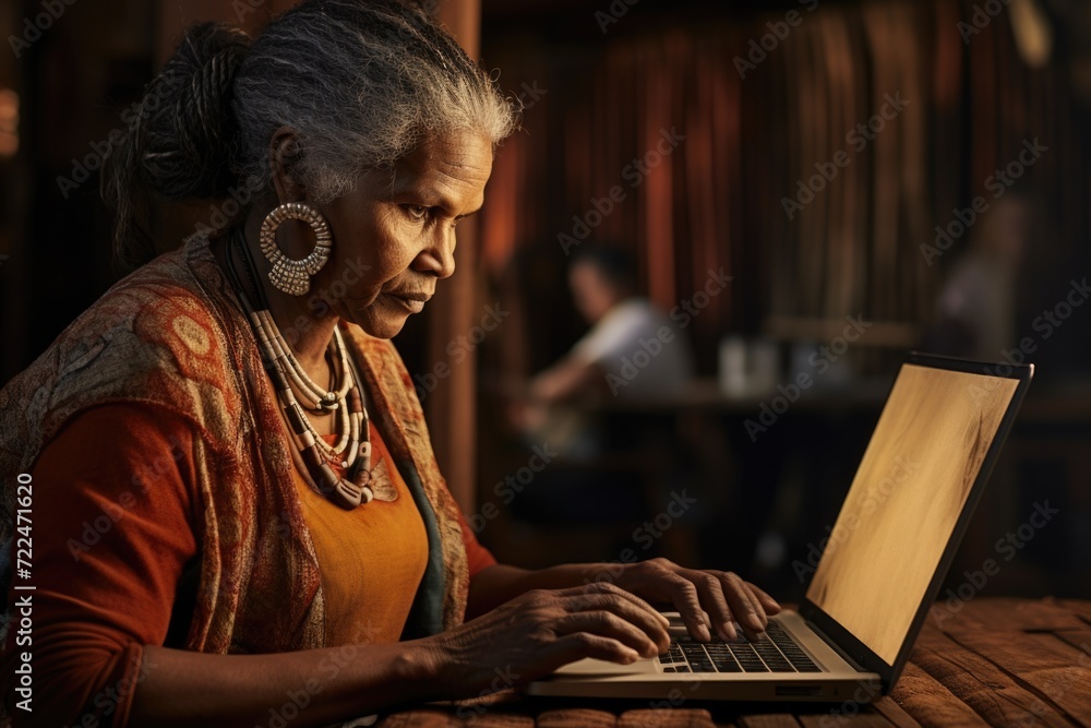 Poster A woman sitting at a table using a laptop computer. Suitable for various business and technology-related concepts