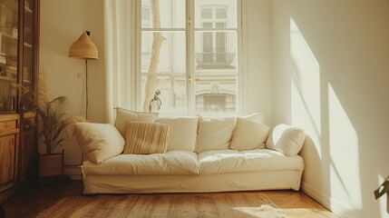 A serene living room interior featuring a white couch nestled next to a window, exuding minimalism and boho charm with accents of beige, ocher, and rustic elements.