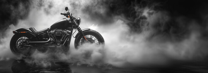A black motorcycle surrounded by smoke - banner with copyspace - obrazy, fototapety, plakaty