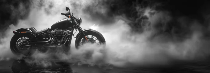 Selbstklebende Fototapeten A black motorcycle surrounded by smoke - banner with copyspace © Cla78