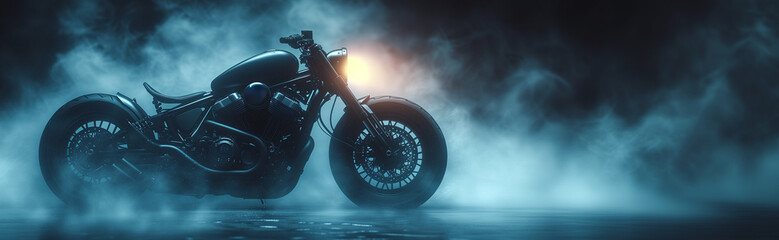 A dark modern motorcycle surrounded by smoke, banner with copyspace