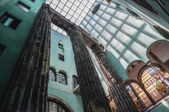 Barcelona, Spain - May 28, 2015: Temple of Augustus, part of Barcelona City History Museum in Gothic Quarter in Barcelona