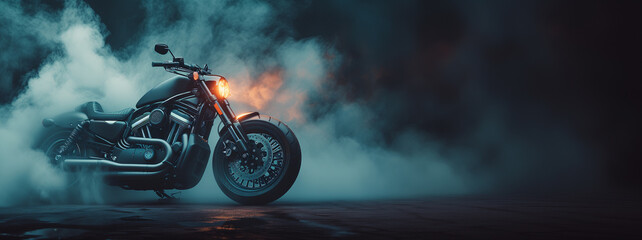 A dark motorcycle surrounded by smoke, banner with copyspace