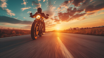 A man on a motorcycle rides fast on a road at sunset
