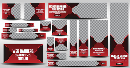 17 web banner ads design with standard size in red gradient template, modern web banner layout template set of different standard sizes. set of red web advertising banner template design