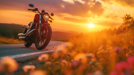 A motorcycle parked along a street at sunset, closeup on flowers