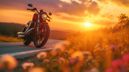 Obraz premium A motorcycle parked along a street at sunset, closeup on flowers