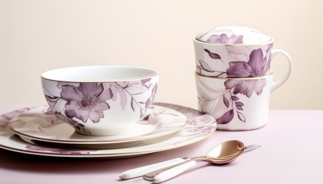  a purple flowered cup and saucer on a plate with a spoon and spoon rest on a pink table.