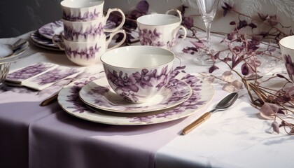  a close up of a table with a plate, cups and saucers and a vase with flowers on it.