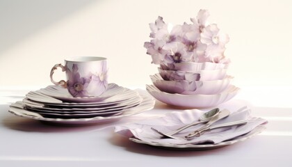  a close up of a plate with a cup and saucer and a plate with a fork and spoon on it.