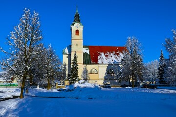 Church in Stražišče, Slovenia in winter