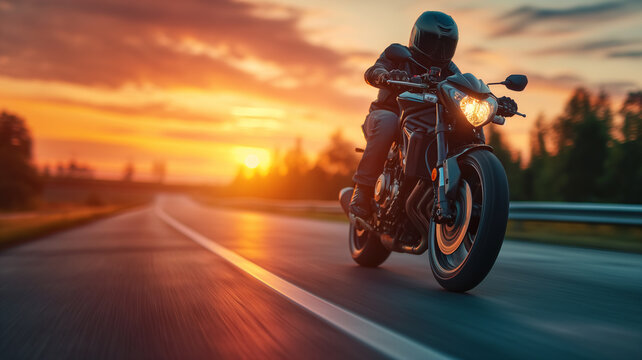A motorcyclist travels fast on an american road at sunset © Cla78