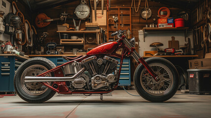 A red old motorcycle parked in a garage