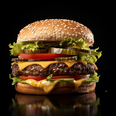 Hamburger on a black background. Studio shot. Fastfood