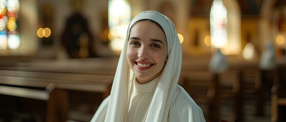 Nun woman sitting in church white smiling and facing a camera
