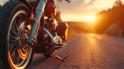 Close up on a motorcycle parked along a street at sunset