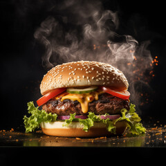Hamburger on the table. Studio shot on black background