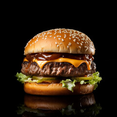 Hamburger on black background. Studio shot of fastfood.  Close up photo.