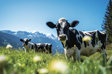 Serene cow grazing peacefully on breathtaking alpine meadow, creating ideal space for captivating text or promotional content - obrazy, fototapety, plakaty