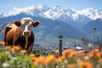 Scenic view of a contented cow grazing on lush alpine meadow with ample room for additional text - obrazy, fototapety, plakaty