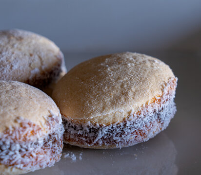 View of multiple Alfajores on the white plate