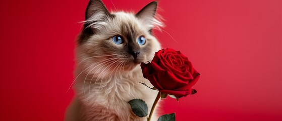 Portrait of a cute ragdoll cat holding a red rose in studio, red background,