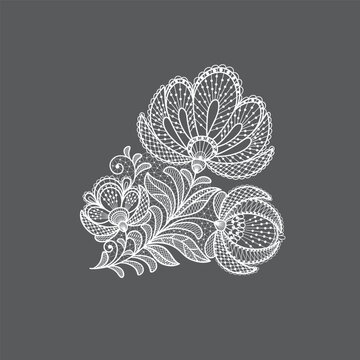 Lace floral decorative element. Vector white lace branches with flowers