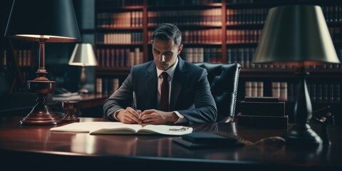 A professional man dressed in a suit sitting at a desk and engrossed in reading a book. Suitable for business, education, or office-related themes - obrazy, fototapety, plakaty