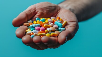A man's hand holds a large handful of different pills