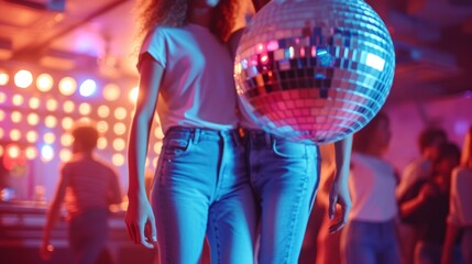 A young couple in jeans and shiny T-shirts dances at a disco