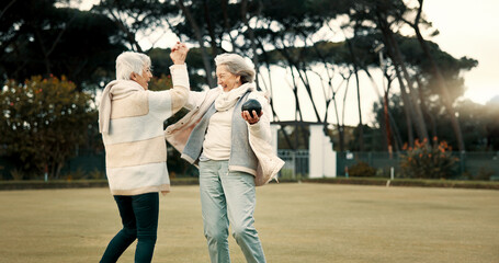 Senior women, high five and park for sport, lawn bowling and happy for fitness, goal and...