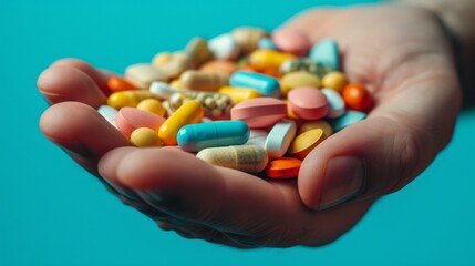 A man's hand holds a large handful of different pills