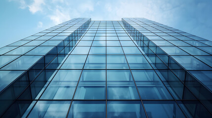 Fototapeta na wymiar Modern Glass Office Building Facade Against Blue Sky